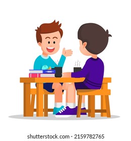 happy boy discussing with his friend while sitting and holding a mug