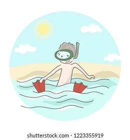 Happy boy in diving mask and flippers on a beach of the sea. Summer mood. Card from vacation. 
