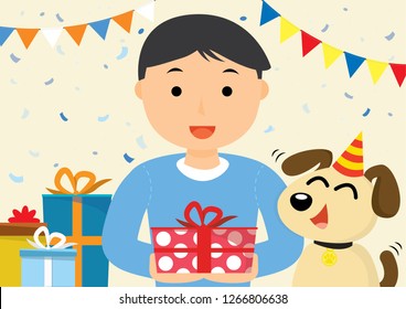 Happy Boy with Dog and Gift Box Vector Illustration