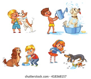 Happy Boy With A Dog Licking Her Face. Labrador Taking A Bubble Bath. Boy Filling Pet Bowl With Dry Food For Dog. Cocker Spaniel Waiting For Food. Girl Scolding Pet For Disobedience And Broken Things