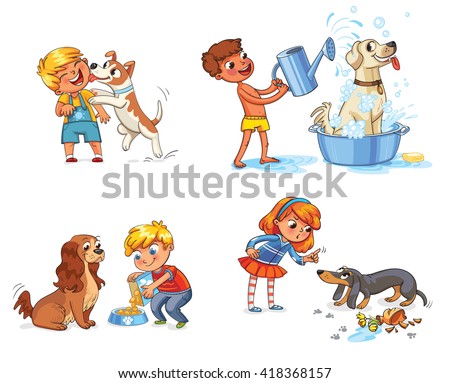 Happy boy with a dog licking her face. Labrador taking a bubble bath. Boy filling pet bowl with dry food for dog. Cocker Spaniel waiting for food. Girl scolding pet for disobedience and broken things