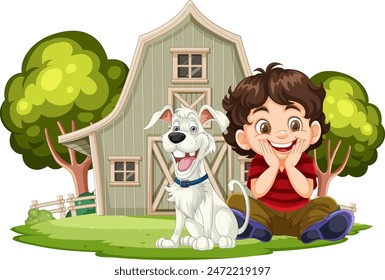 Happy boy with dog near barn