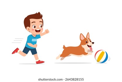 Happy Boy and Dog Playing with Ball, Joyful Childhood, Friendship and Pet Companionship