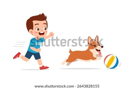 Happy Boy and Dog Playing with Ball, Joyful Childhood, Friendship and Pet Companionship
