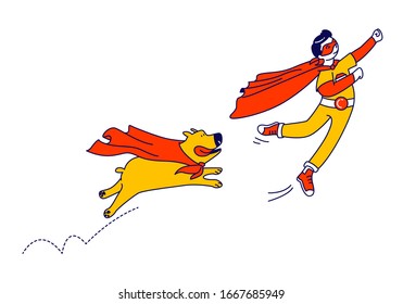 Happy Boy and Dog Superhero Characters Flying. Kid Super Hero in Red Cloak and Glasses Ready to Win. Happy Smiling Child Go Back to School, Kindergarten, Success, Winner. Linear Vector Illustration