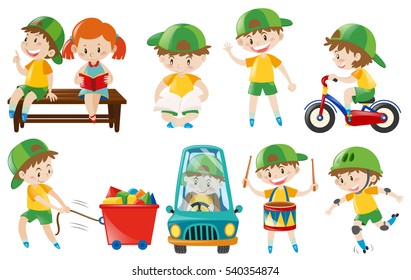 Happy boy doing different actions illustration