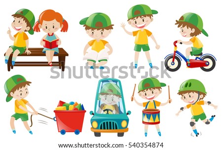 Happy boy doing different actions illustration