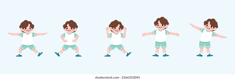 Happy Boy Doing Gymnastics Exercises Kid Fitness Poses Cartoon Child Workout Routine Illustration