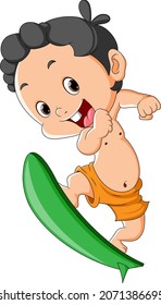 The happy boy is doing the surfing in the water of illustration