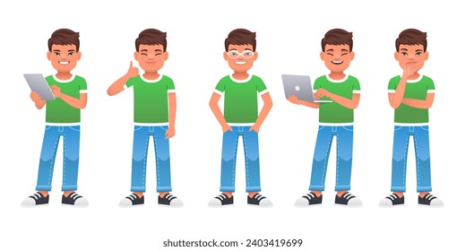 Happy boy with Down syndrome stands with a tablet in his hand, shows a like gesture, stands with glasses, hands in his pockets, with a laptop in his hands, thinking about something. 