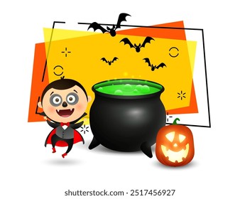 Happy boy in Dracula costume, boiling potion in caldron and pumpkin lantern. Flying bats on background. Invitation or banner design. Halloween concept. Vector illustration for poster, postcard, banner