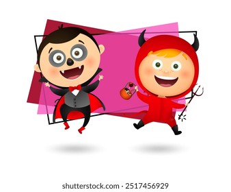 Garoto feliz no traje de Drácula dançando com menina no traje do diabo. Conceito de festa de Halloween. A ilustração vetorial pode ser usada para convites, cartazes, banners