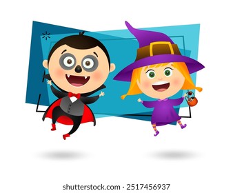 Niño feliz en traje de Drácula y niña en vestido de bruja bailando. Concepto de fiesta de Halloween. La Ilustración vectorial se puede utilizar para invitaciones, carteles, Anuncios