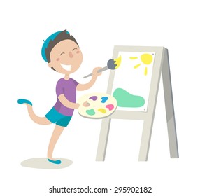 Happy boy draws paints of a picture. Flat design. Vector illustration. Isolated on white background.