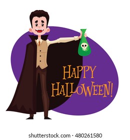 Happy boy dressed as Dracula for Halloween, cartoon style vector illustration isolated on white background. Dracula, vampire fancy dress idea. Trick or treat Halloween card