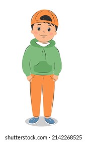 Niño feliz vestido con ropa moderna. Ilustración del vector sobre fondo blanco