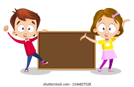 Happy boy dressed in red sweater and girl with bow in her hair dressed in yellow t-shirt and in pink skirt. Kids are standing at school blackboard. Cartoon and colorful vector on white background