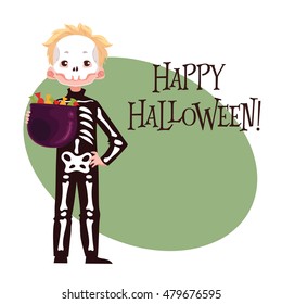 Happy boy dressed as skeleton for Halloween, cartoon style vector illustration isolated on white background. Skeleton fancy dress idea. Trick or treat Halloween card