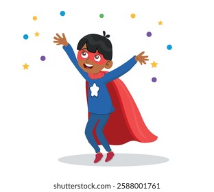 happy boy dressed in superhero outfit enjoying carnival, vector illustration.