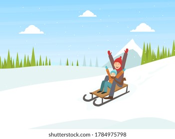 Happy Boy Dressed in Warm Clothing Sledding on Slope, Winter Sports Outdoor Activity Vector Illustration