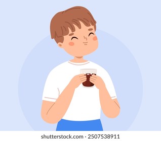 Happy boy drinking sweet cacao with marshmallow. Hot beverage for toddler, christmas new year birthday party drink. Sweet dessert, vector kid character