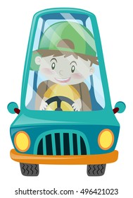 Happy boy driving blue car illustration