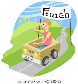 Happy boy driving a soapbox and crossing the finish line (vector illustration)