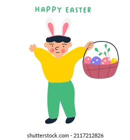 Happy boy with Easter basket.  Happy Easter. Vector illustration.