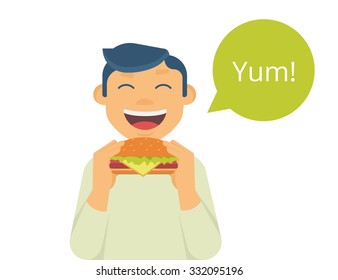 Happy boy eating a big hamburger. Isolated on white with green bubble and text yum