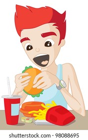 Happy boy eating burger. Vector illustration.