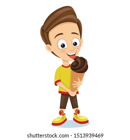 Happy boy eating a delicious ice cream on a white background.