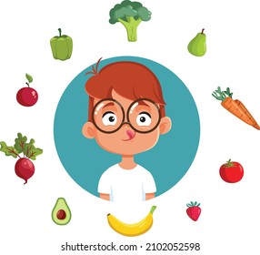 
Happy Boy Eating Healthy Concept Vector Cartoon. Child loving fruits and vegetables eating healthy and diversified 
