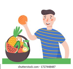 Happy boy eating orange, fruit basket. In bowl watermelon, orange, apple, pear, pineapple, avocado, orange. Healthy eating concept. Vector illustration in a flat cartoon style
