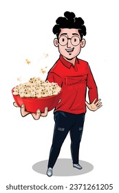 Happy Boy Eating Popcorn From Bowl Standing illustration, Portrait of positive cheerful guy have free time hold big pop corn bowl watch tv funny series laugh wear youth modern clothes isolated.