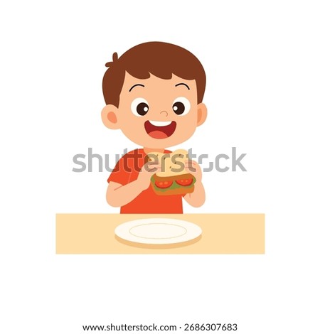 Happy Boy Eating Sandwich at Table on White Background – Flat Design Vector Illustration