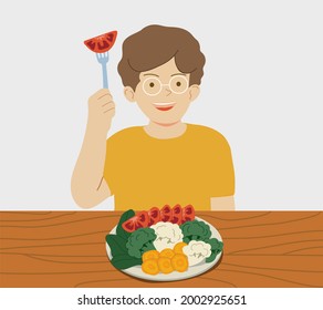 Happy Boy Eating Vegetables. Children And Healthy Food.  Boy Love Vegetables. How To Teach Children To Eat Vegetables. Vector Illustration In Flat Cartoon Style.