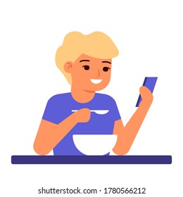 Der glückliche Junge isst mit dem Telefon in den Händen. Smartphone essen und durchsuchen. Telefonsucht. Immer zusammen Gerät. Vektorgrafik