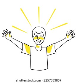 Happy boy, emotion of happiness. Joyful adolescent half body vector drawing, good spirit of female child, hands to the sides. Line with yellow spots style, teenager with joy.