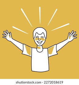 Happy boy, emotion of happiness, orange and white. Joyful adolescent half body vector drawing, good spirit of male child, hands to the sides. Line with spots, teenager with joy.