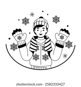 Happy boy enjoying winter snowfall, glyph illustration 