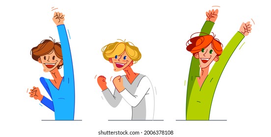 Happy boy excited with winner gesture vector illustrations set, young man saying yes to success and goal cartoon drawing, champion win.