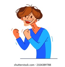 Happy boy excited with winner gesture vector illustration, young man saying yes to success and goal cartoon drawing, champion win.