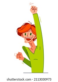 Happy boy excited with winner gesture vector illustration, young man saying yes to success and goal cartoon drawing, champion win.