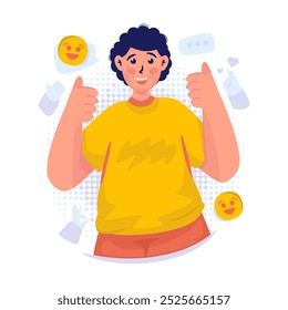 Happy boy expression with thumbs up, Young male cartoon character for good job gesture, Best hand symbol appreciation, Vector illustration