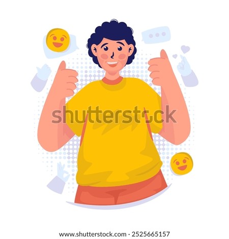 Happy boy expression with thumbs up, Young male cartoon character for good job gesture, Best hand symbol appreciation, Vector illustration