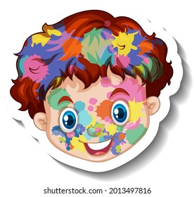 Happy boy face with colour on his face sticker on white background illustration