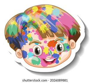 Happy boy face with colour on his face sticker on white background illustration