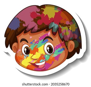 Happy boy face with colour on his face sticker on white background illustration