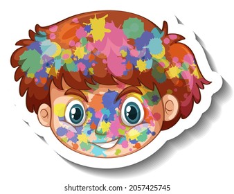 Happy boy face with colour on his face sticker on white background illustration