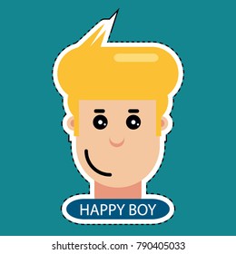 Happy Boy Face - Comic Mood Design - Vector Sticker Illustration
